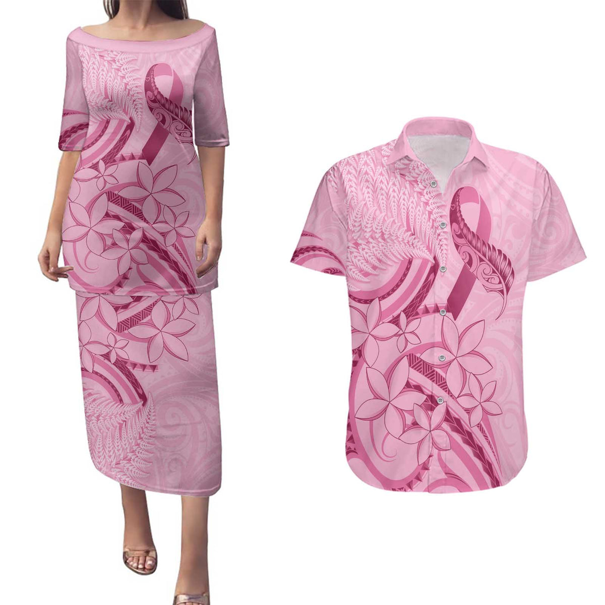 Aotearoa Maori Couples Matching Puletasi and Hawaiian Shirt Pink Fern Ribbons LT7 Pink - Polynesian Pride