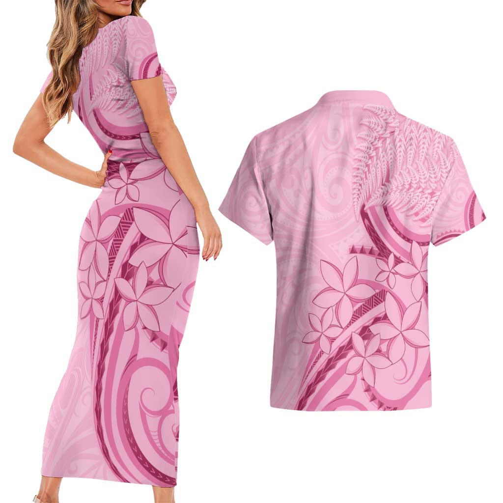 Aotearoa Maori Couples Matching Short Sleeve Bodycon Dress and Hawaiian Shirt Pink Fern Ribbons LT7 - Polynesian Pride