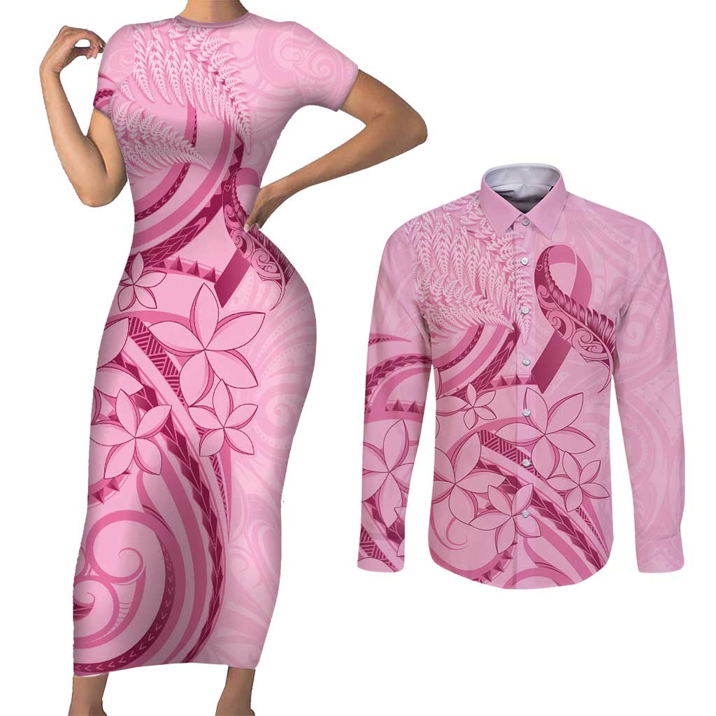 Aotearoa Maori Couples Matching Short Sleeve Bodycon Dress and Long Sleeve Button Shirt Pink Fern Ribbons LT7 Pink - Polynesian Pride