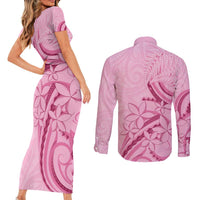 Aotearoa Maori Couples Matching Short Sleeve Bodycon Dress and Long Sleeve Button Shirt Pink Fern Ribbons LT7 - Polynesian Pride