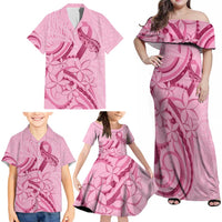 Aotearoa Maori Family Matching Off Shoulder Maxi Dress and Hawaiian Shirt Pink Fern Ribbons LT7 - Polynesian Pride
