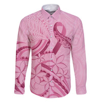 Aotearoa Maori Family Matching Off Shoulder Short Dress and Hawaiian Shirt Pink Fern Ribbons LT7 Dad's Shirt - Long Sleeve Pink - Polynesian Pride