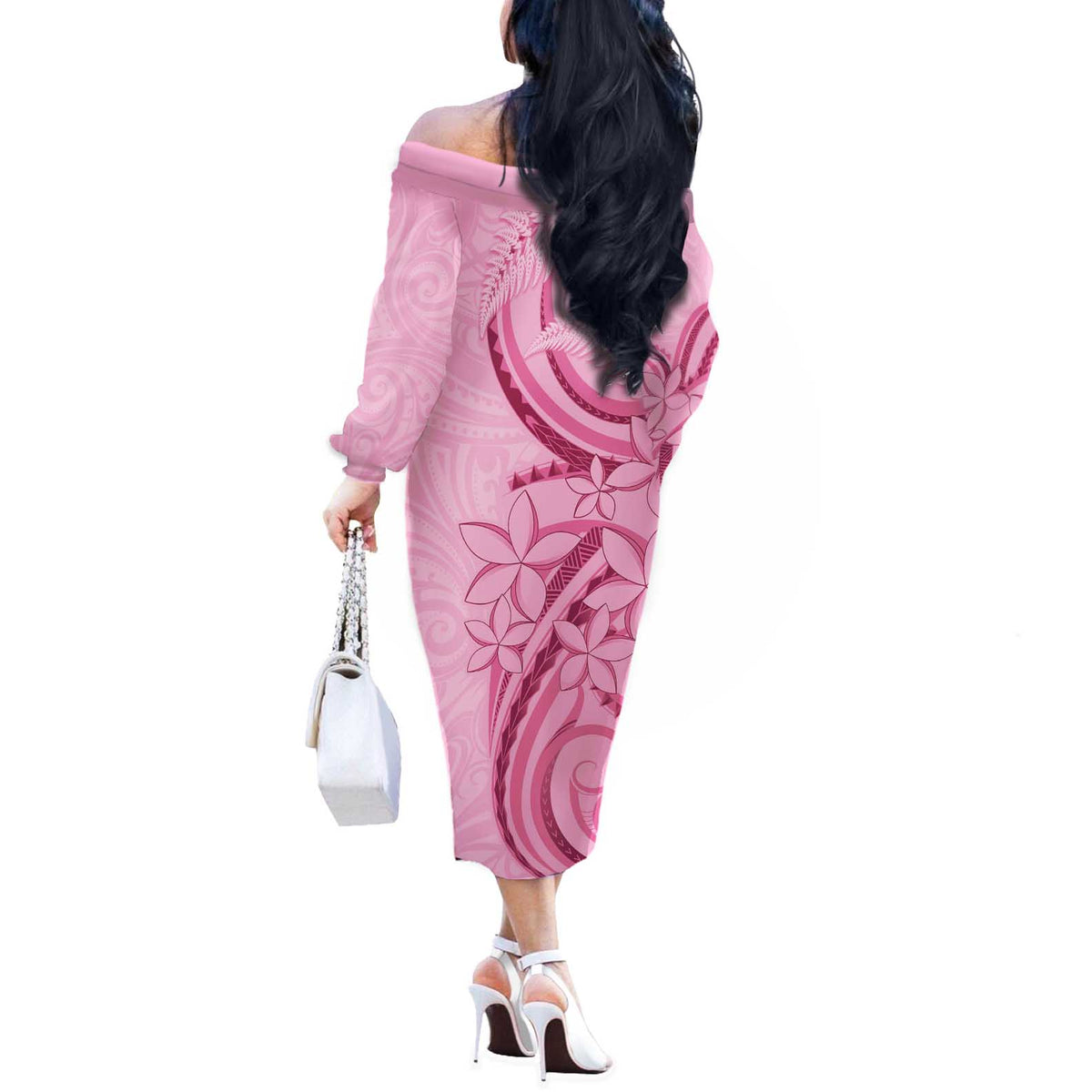 Aotearoa Maori Off The Shoulder Long Sleeve Dress Pink Fern Ribbons LT7 - Polynesian Pride