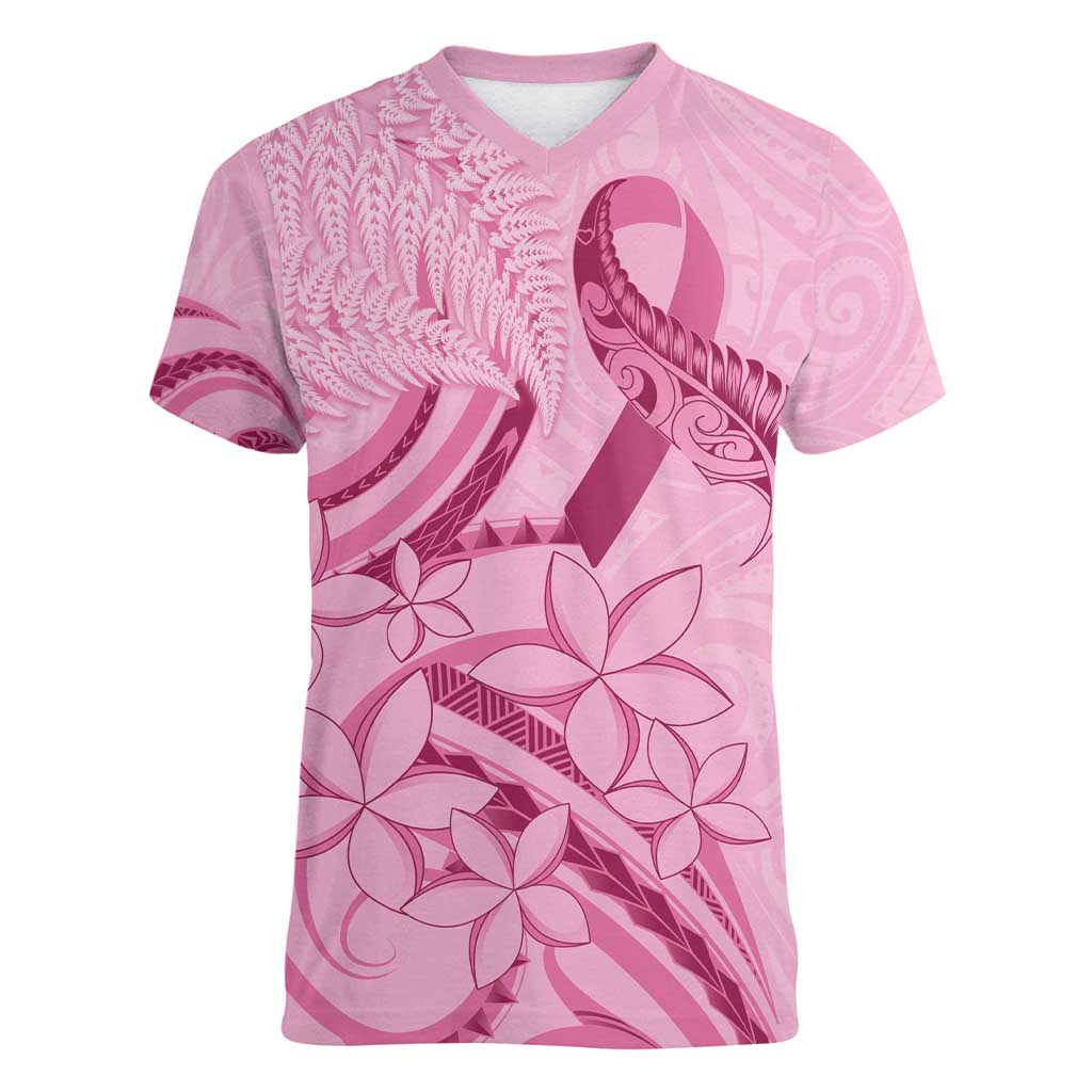 Aotearoa Maori Women V-Neck T-Shirt Pink Fern Ribbons LT7 Female Pink - Polynesian Pride
