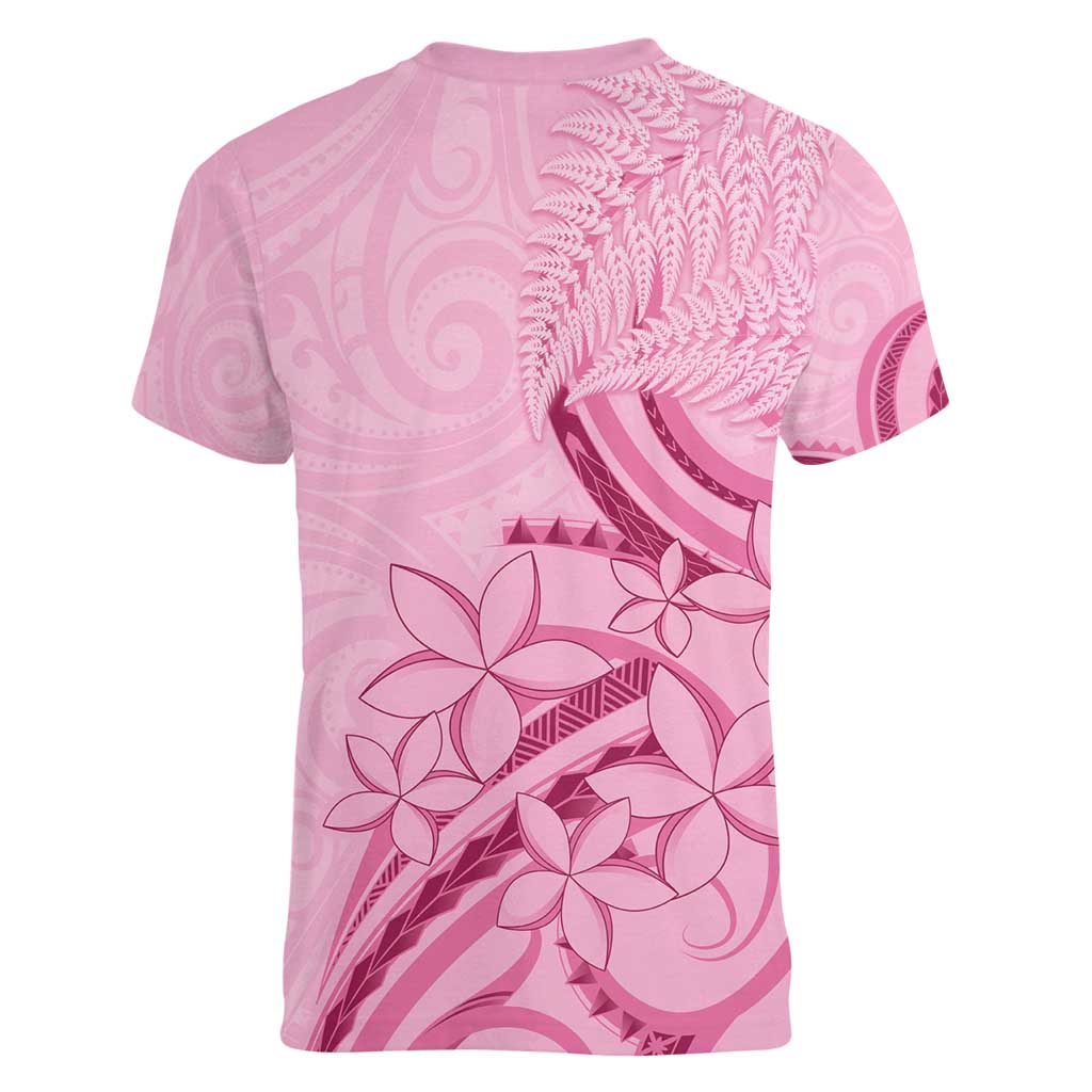 Aotearoa Maori Women V-Neck T-Shirt Pink Fern Ribbons LT7 - Polynesian Pride