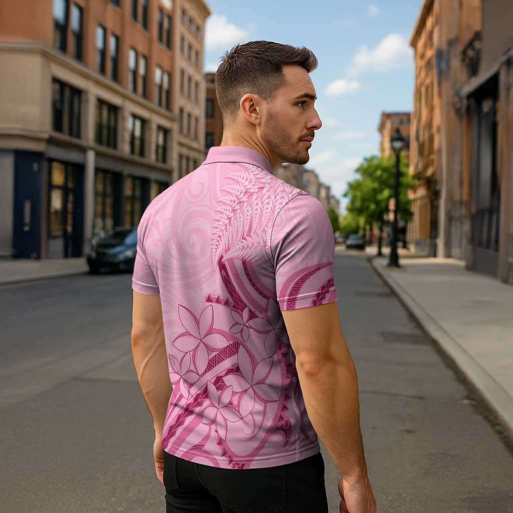 Aotearoa Maori Zipper Polo Shirt Pink Fern Ribbons - Polynesian Pride