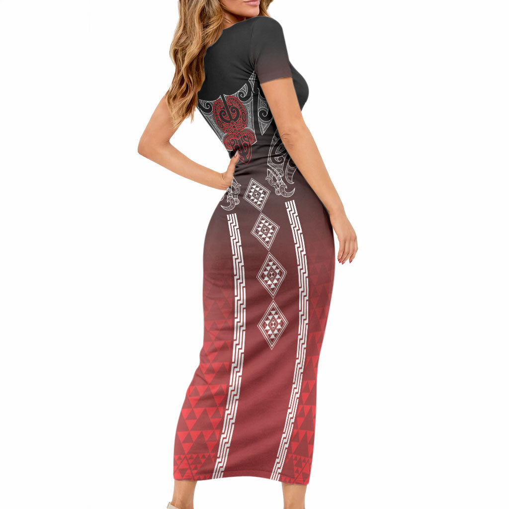 Aotearoa Maori Iwi Heritage Short Sleeve Bodycon Dress Ngapuhi Kokowai LT7 - Polynesian Pride