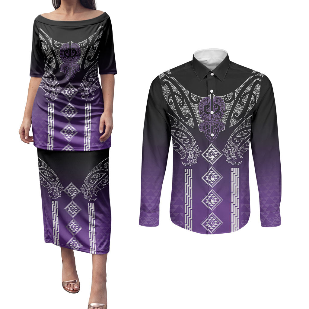 Aotearoa Maori Iwi Heritage Couples Matching Puletasi and Long Sleeve Button Shirt Ngati Porou Waiporoporo LT7 Purple - Polynesian Pride