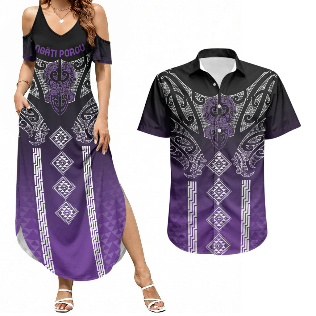 Aotearoa Maori Iwi Heritage Couples Matching Summer Maxi Dress and Hawaiian Shirt Ngati Porou Waiporoporo LT7 Purple - Polynesian Pride
