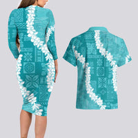 Hawaii Aloha Couples Matching Long Sleeve Bodycon Dress and Hawaiian Shirt Teal Quilt Patch Work Mix Plumeria Lei LT7 - Polynesian Pride
