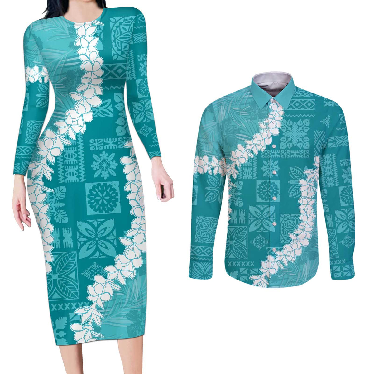 Hawaii Aloha Couples Matching Long Sleeve Bodycon Dress and Long Sleeve Button Shirt Teal Quilt Patch Work Mix Plumeria Lei LT7 Teal - Polynesian Pride