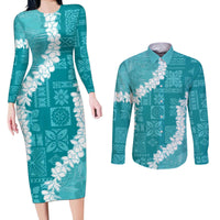 Hawaii Aloha Couples Matching Long Sleeve Bodycon Dress and Long Sleeve Button Shirt Teal Quilt Patch Work Mix Plumeria Lei LT7 Teal - Polynesian Pride
