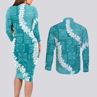 Hawaii Aloha Couples Matching Long Sleeve Bodycon Dress and Long Sleeve Button Shirt Teal Quilt Patch Work Mix Plumeria Lei LT7 - Polynesian Pride