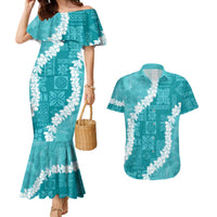 Hawaii Aloha Couples Matching Mermaid Dress and Hawaiian Shirt Teal Quilt Patch Work Mix Plumeria Lei LT7 Teal - Polynesian Pride