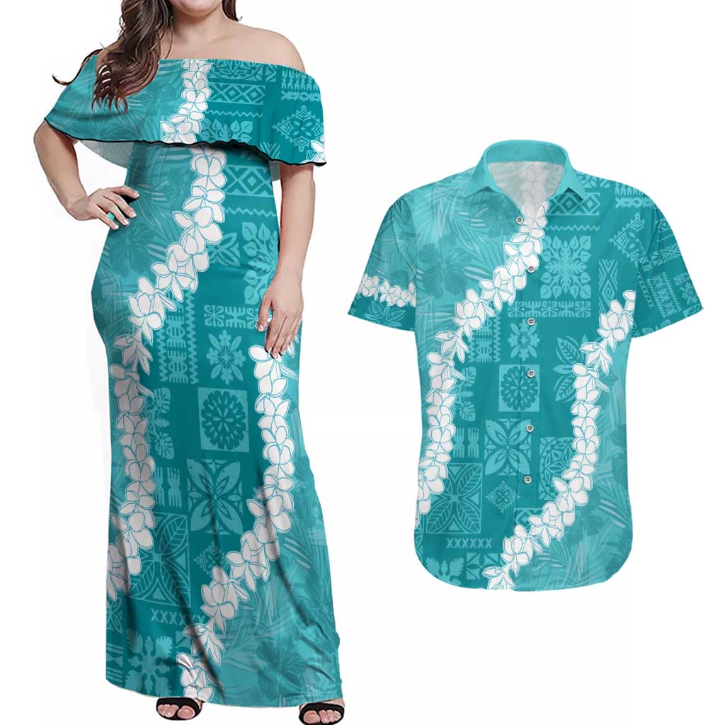 Hawaii Aloha Couples Matching Off Shoulder Maxi Dress and Hawaiian Shirt Teal Quilt Patch Work Mix Plumeria Lei LT7 Teal - Polynesian Pride