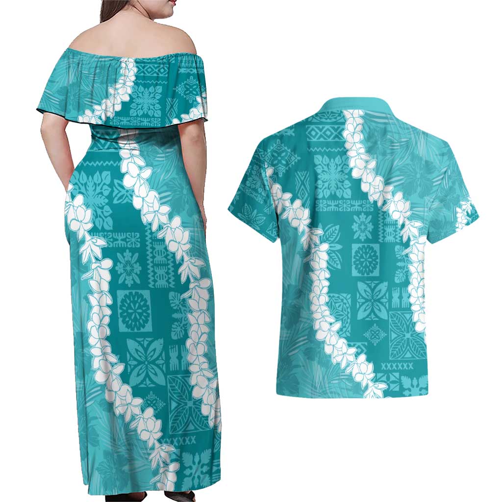 Hawaii Aloha Couples Matching Off Shoulder Maxi Dress and Hawaiian Shirt Teal Quilt Patch Work Mix Plumeria Lei LT7 - Polynesian Pride
