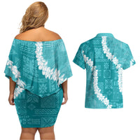 Hawaii Aloha Couples Matching Off Shoulder Short Dress and Hawaiian Shirt Teal Quilt Patch Work Mix Plumeria Lei LT7 - Polynesian Pride