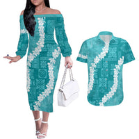 Hawaii Aloha Couples Matching Off The Shoulder Long Sleeve Dress and Hawaiian Shirt Teal Quilt Patch Work Mix Plumeria Lei LT7 Teal - Polynesian Pride