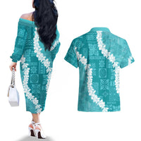 Hawaii Aloha Couples Matching Off The Shoulder Long Sleeve Dress and Hawaiian Shirt Teal Quilt Patch Work Mix Plumeria Lei LT7 - Polynesian Pride