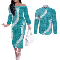Hawaii Aloha Couples Matching Off The Shoulder Long Sleeve Dress and Long Sleeve Button Shirt Teal Quilt Patch Work Mix Plumeria Lei LT7 Teal - Polynesian Pride