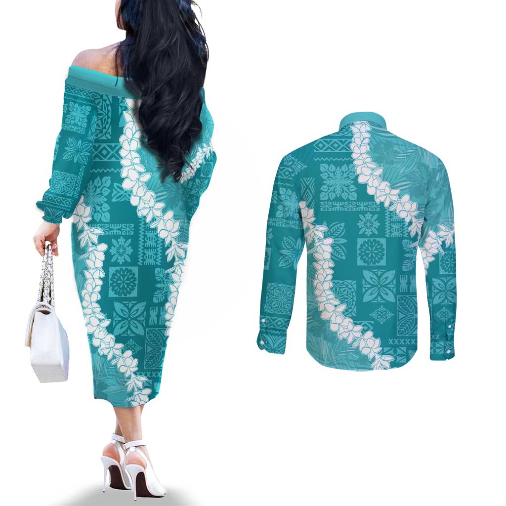 Hawaii Aloha Couples Matching Off The Shoulder Long Sleeve Dress and Long Sleeve Button Shirt Teal Quilt Patch Work Mix Plumeria Lei LT7 - Polynesian Pride