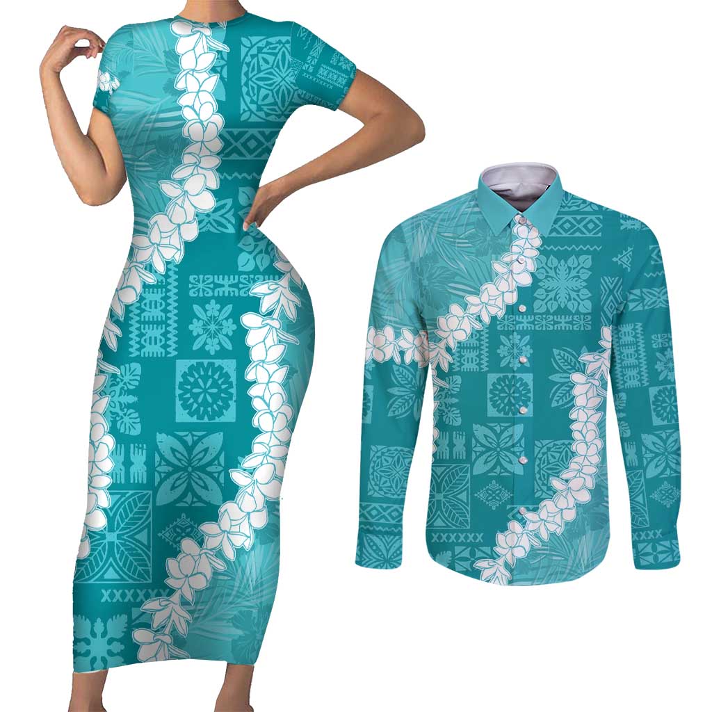 Hawaii Aloha Couples Matching Short Sleeve Bodycon Dress and Long Sleeve Button Shirt Teal Quilt Patch Work Mix Plumeria Lei LT7 Teal - Polynesian Pride