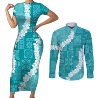 Hawaii Aloha Couples Matching Short Sleeve Bodycon Dress and Long Sleeve Button Shirt Teal Quilt Patch Work Mix Plumeria Lei LT7 Teal - Polynesian Pride