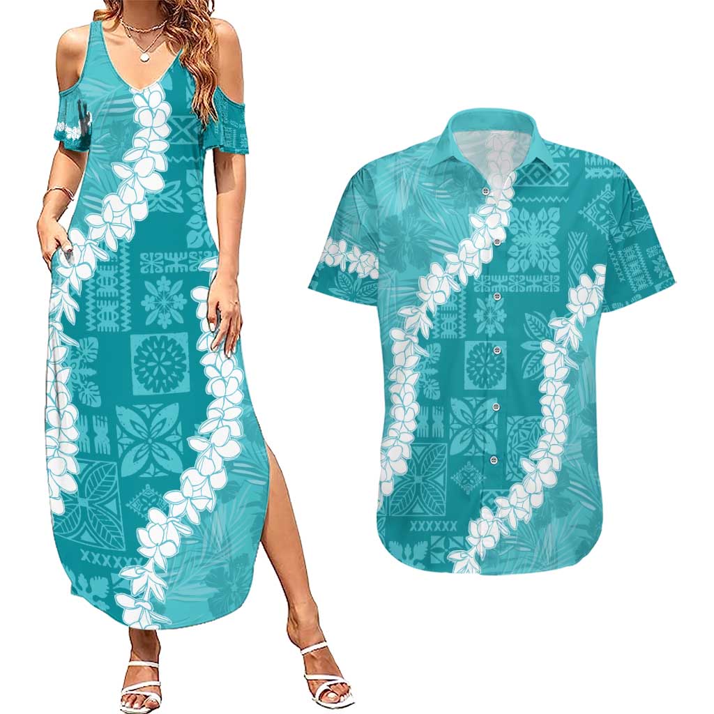 Hawaii Aloha Couples Matching Summer Maxi Dress and Hawaiian Shirt Teal Quilt Patch Work Mix Plumeria Lei LT7 Teal - Polynesian Pride