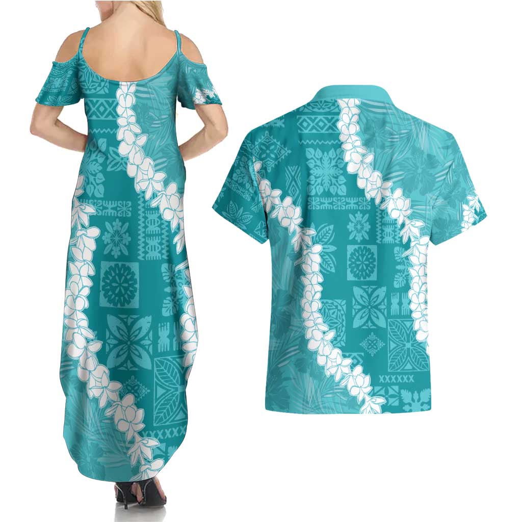 Hawaii Aloha Couples Matching Summer Maxi Dress and Hawaiian Shirt Teal Quilt Patch Work Mix Plumeria Lei LT7 - Polynesian Pride