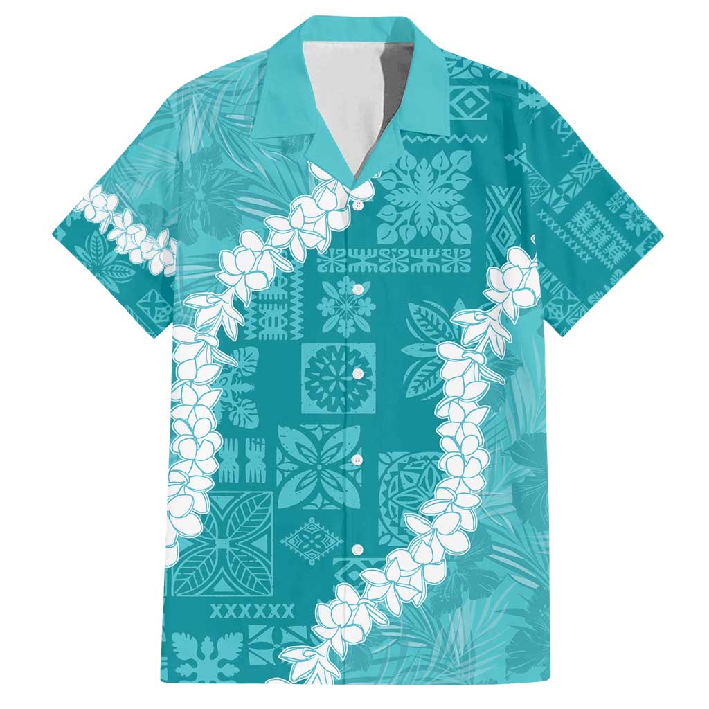 Hawaii Aloha Family Matching Long Sleeve Bodycon Dress and Hawaiian Shirt Teal Quilt Patch Work Mix Plumeria Lei LT7 Dad's Shirt - Short Sleeve Teal - Polynesian Pride