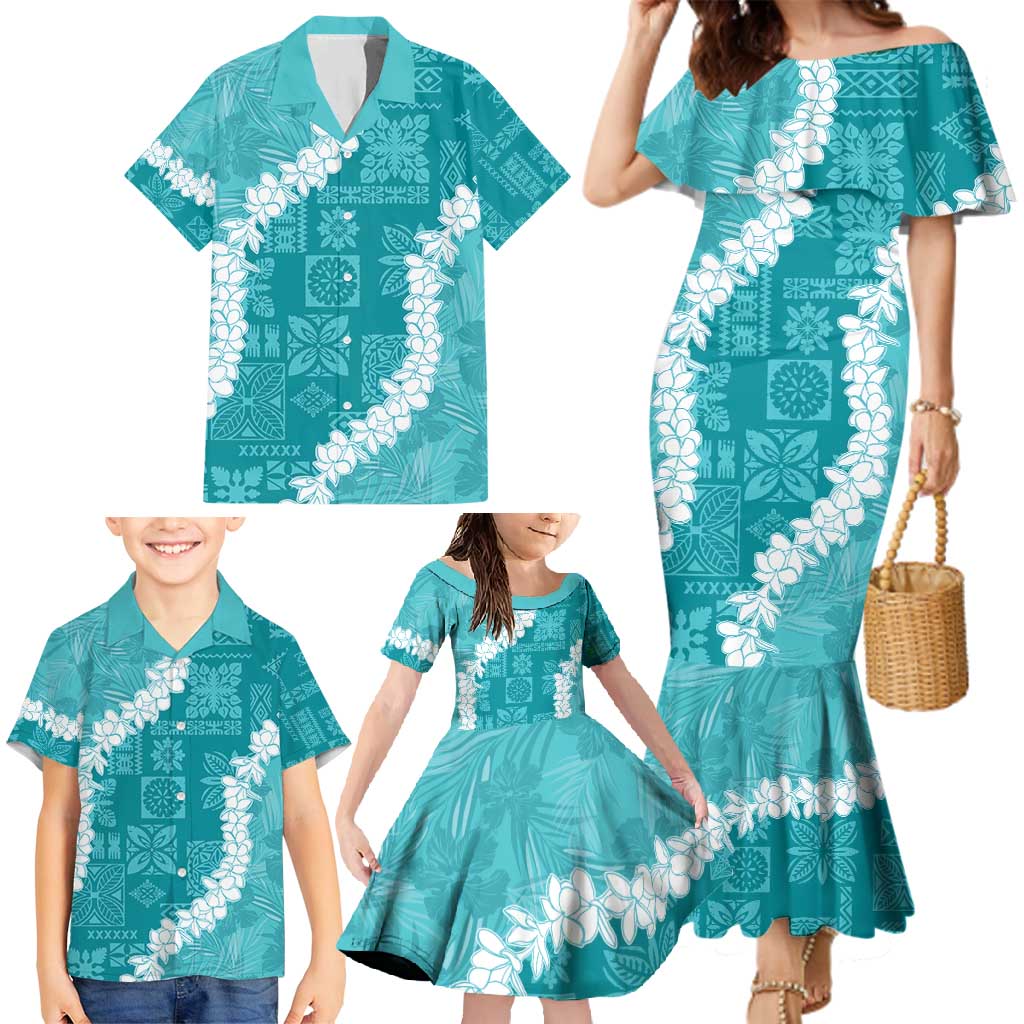 Hawaii Aloha Family Matching Mermaid Dress and Hawaiian Shirt Teal Quilt Patch Work Mix Plumeria Lei LT7 - Polynesian Pride