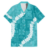 Hawaii Aloha Family Matching Mermaid Dress and Hawaiian Shirt Teal Quilt Patch Work Mix Plumeria Lei LT7 Dad's Shirt - Short Sleeve Teal - Polynesian Pride