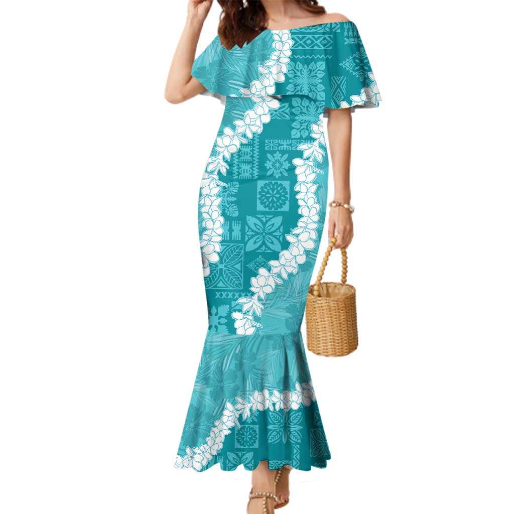 Hawaii Aloha Family Matching Mermaid Dress and Hawaiian Shirt Teal Quilt Patch Work Mix Plumeria Lei LT7 Mom's Dress Teal - Polynesian Pride