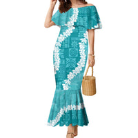 Hawaii Aloha Family Matching Mermaid Dress and Hawaiian Shirt Teal Quilt Patch Work Mix Plumeria Lei LT7 Mom's Dress Teal - Polynesian Pride