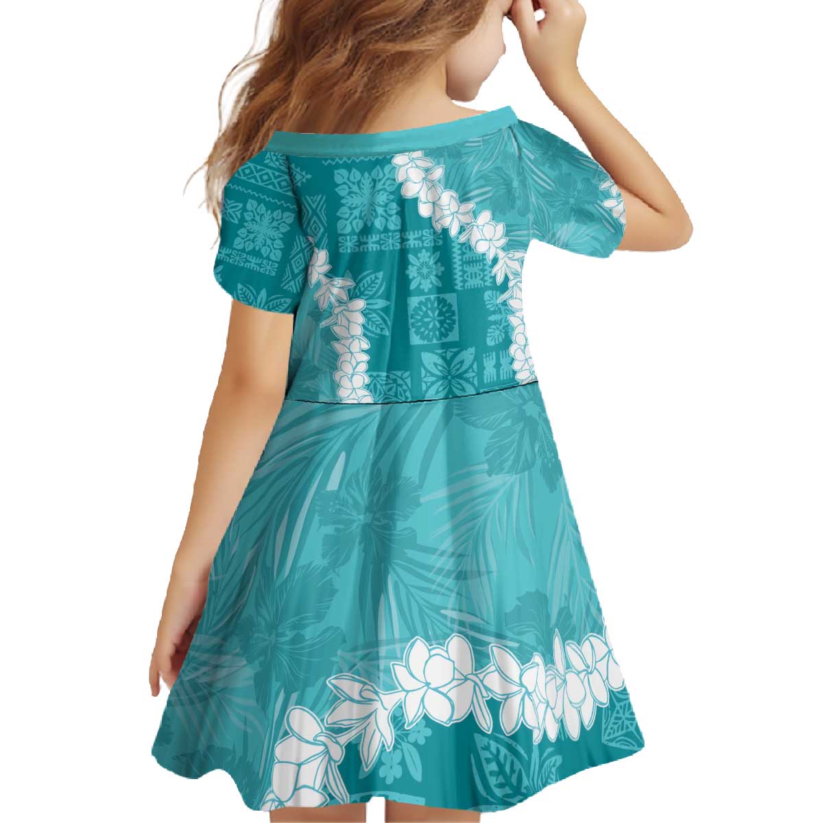 Hawaii Aloha Family Matching Off The Shoulder Long Sleeve Dress and Hawaiian Shirt Teal Quilt Patch Work Mix Plumeria Lei LT7 - Polynesian Pride