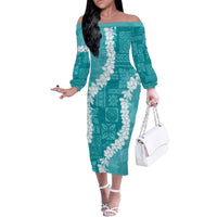 Hawaii Aloha Family Matching Off The Shoulder Long Sleeve Dress and Hawaiian Shirt Teal Quilt Patch Work Mix Plumeria Lei LT7 Mom's Dress Teal - Polynesian Pride