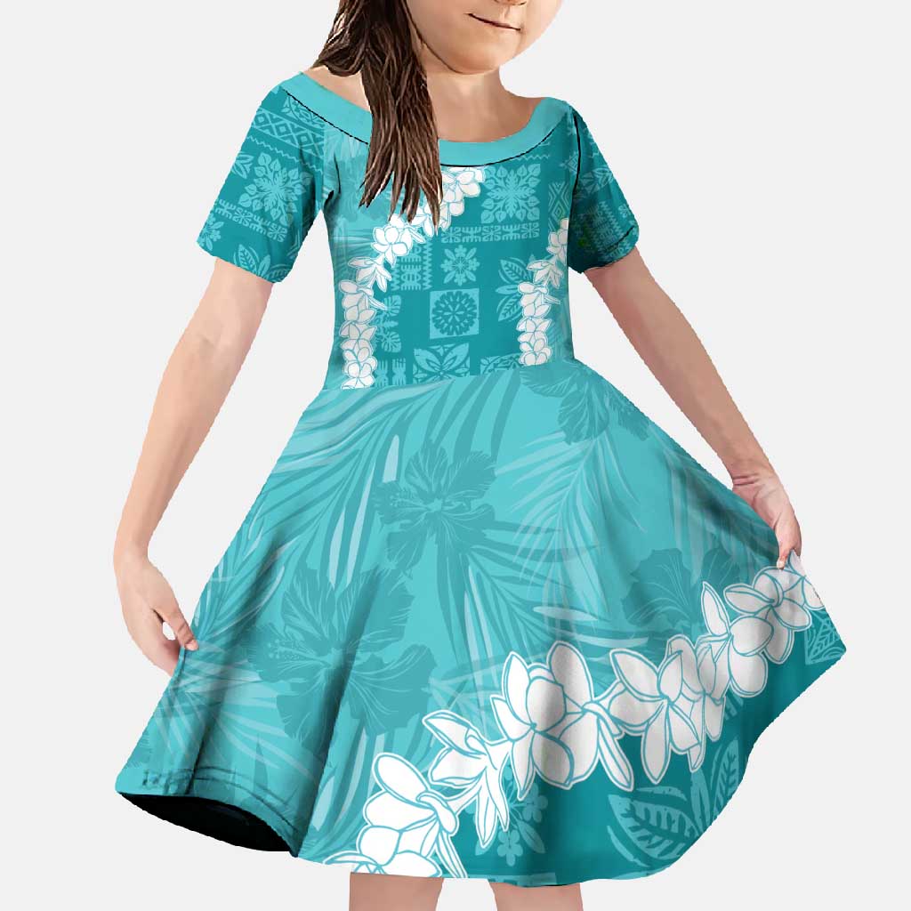 Hawaii Aloha Family Matching Off Shoulder Maxi Dress and Hawaiian Shirt Teal Quilt Patch Work Mix Plumeria Lei LT7 Daughter's Dress Teal - Polynesian Pride