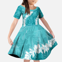 Hawaii Aloha Family Matching Off Shoulder Maxi Dress and Hawaiian Shirt Teal Quilt Patch Work Mix Plumeria Lei LT7 Daughter's Dress Teal - Polynesian Pride