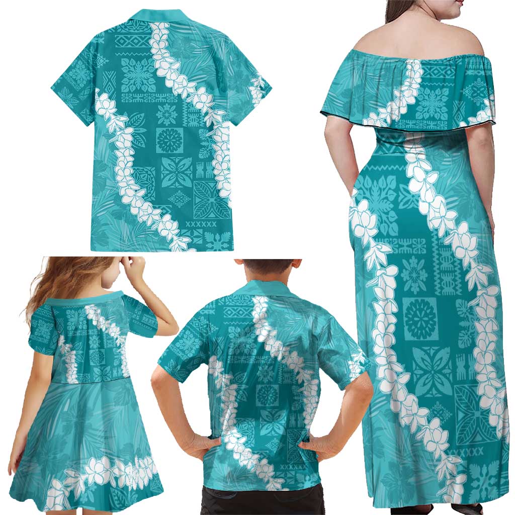 Hawaii Aloha Family Matching Off Shoulder Maxi Dress and Hawaiian Shirt Teal Quilt Patch Work Mix Plumeria Lei LT7 - Polynesian Pride