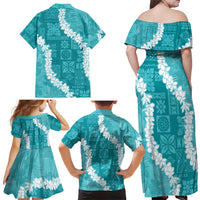Hawaii Aloha Family Matching Off Shoulder Maxi Dress and Hawaiian Shirt Teal Quilt Patch Work Mix Plumeria Lei LT7 - Polynesian Pride