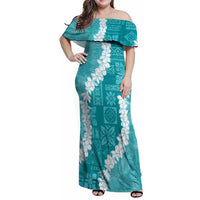 Hawaii Aloha Family Matching Off Shoulder Maxi Dress and Hawaiian Shirt Teal Quilt Patch Work Mix Plumeria Lei LT7 Mom's Dress Teal - Polynesian Pride