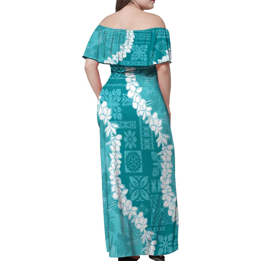 Hawaii Aloha Family Matching Off Shoulder Maxi Dress and Hawaiian Shirt Teal Quilt Patch Work Mix Plumeria Lei LT7 - Polynesian Pride