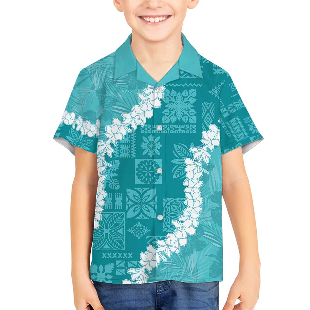 Hawaii Aloha Family Matching Off Shoulder Maxi Dress and Hawaiian Shirt Teal Quilt Patch Work Mix Plumeria Lei LT7 Son's Shirt Teal - Polynesian Pride