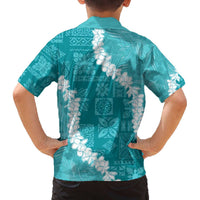 Hawaii Aloha Family Matching Off Shoulder Short Dress and Hawaiian Shirt Teal Quilt Patch Work Mix Plumeria Lei LT7 - Polynesian Pride
