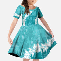 Hawaii Aloha Family Matching Puletasi and Hawaiian Shirt Teal Quilt Patch Work Mix Plumeria Lei LT7 Daughter's Dress Teal - Polynesian Pride