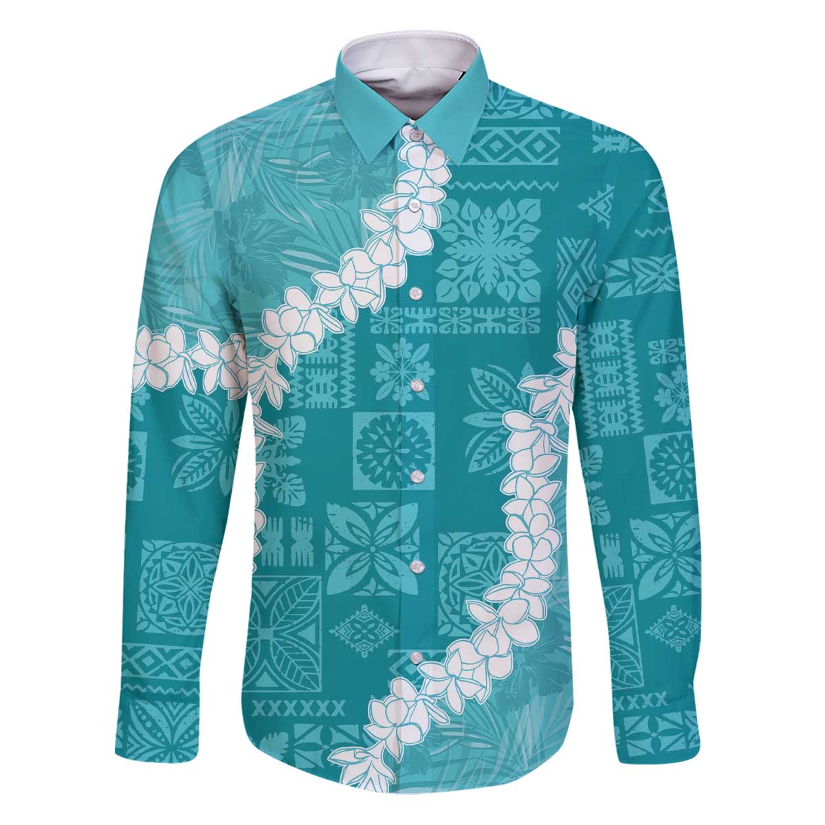 Hawaii Aloha Family Matching Puletasi and Hawaiian Shirt Teal Quilt Patch Work Mix Plumeria Lei LT7 Dad's Shirt - Long Sleeve Teal - Polynesian Pride