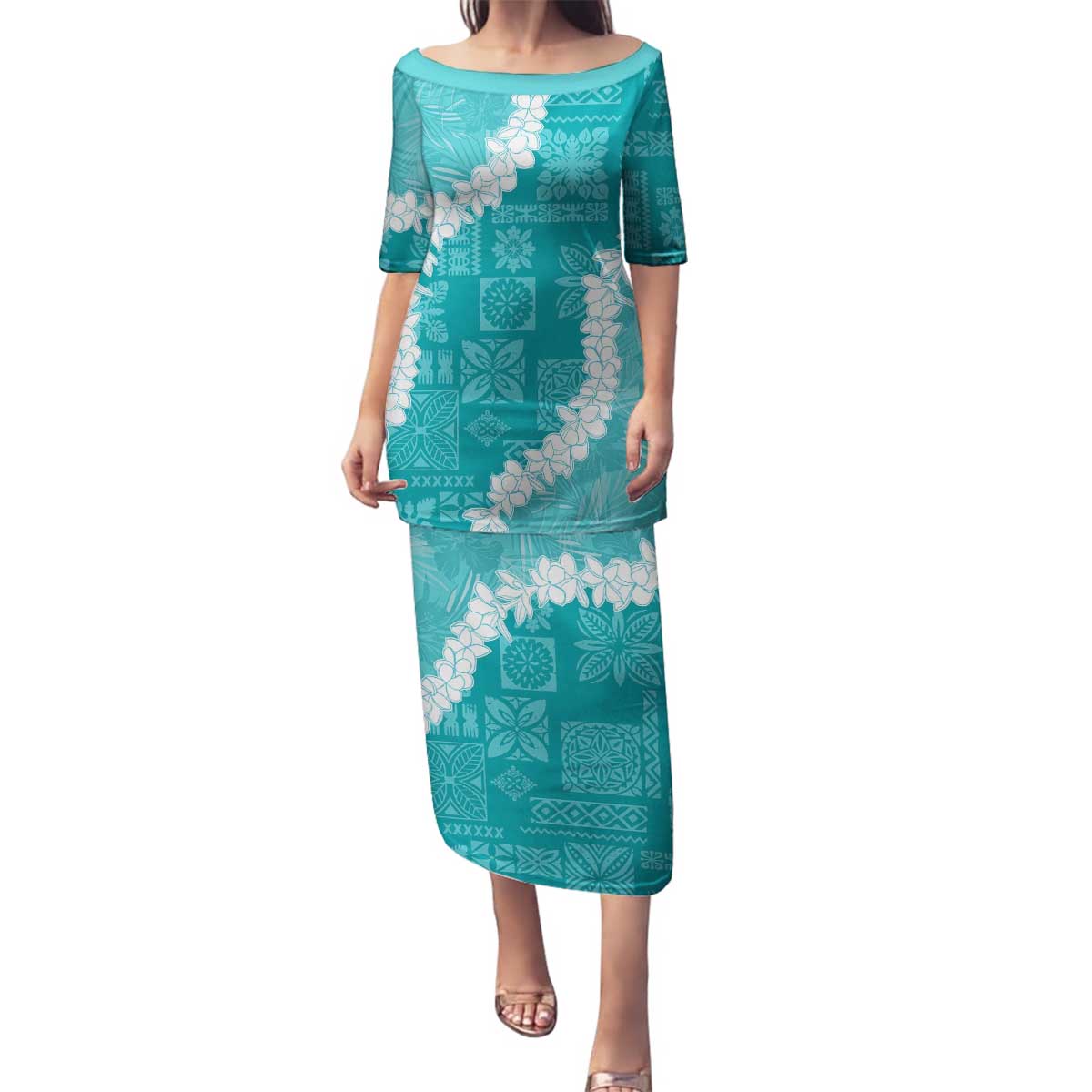 Hawaii Aloha Family Matching Puletasi and Hawaiian Shirt Teal Quilt Patch Work Mix Plumeria Lei LT7 Mom's Dress Teal - Polynesian Pride