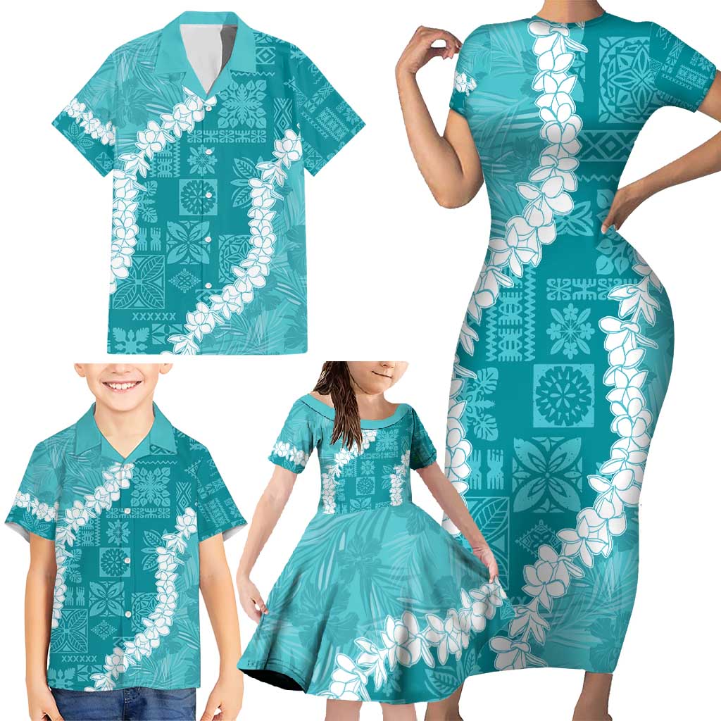 Hawaii Aloha Family Matching Short Sleeve Bodycon Dress and Hawaiian Shirt Teal Quilt Patch Work Mix Plumeria Lei LT7 - Polynesian Pride