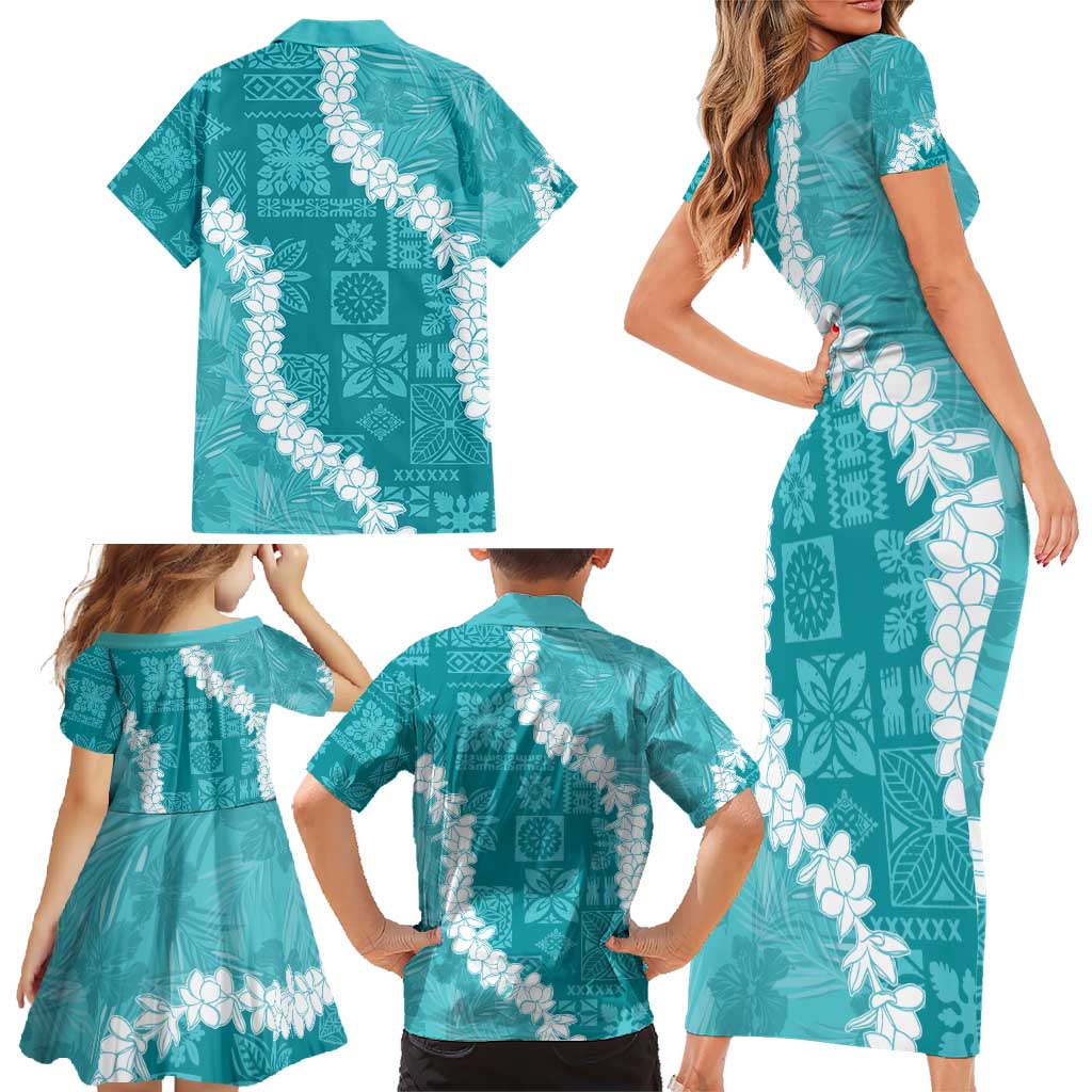 Hawaii Aloha Family Matching Short Sleeve Bodycon Dress and Hawaiian Shirt Teal Quilt Patch Work Mix Plumeria Lei LT7 - Polynesian Pride