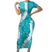 Hawaii Aloha Family Matching Short Sleeve Bodycon Dress and Hawaiian Shirt Teal Quilt Patch Work Mix Plumeria Lei LT7 Mom's Dress Teal - Polynesian Pride